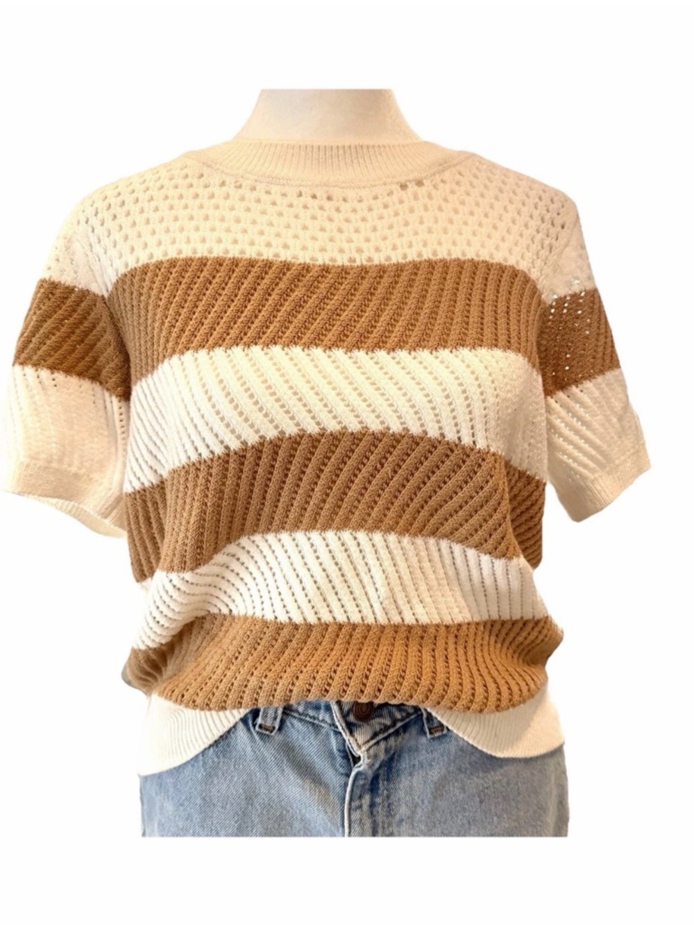Anthropologie MAEVE Women's Striped Top Short Sleeve Sweater White Beige M